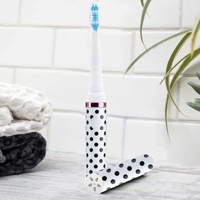 Pop Sonic Electric Toothbrush (White Dots) - Travel Toothbrushes w/AAA Battery | Kids Electric Toothbrushes with 2 Speed & 15,000-30,000 Strokes/Minute, Dupont Nylon Bristles