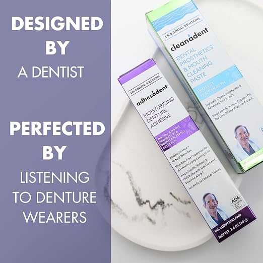 Dr. B Dental Solutions Adhesadent Moisturizing Denture Adhesive - Secure Denture Glue with Strong Grip & Natural Taste - Zinc-Free Dental Adhesive for Dentures - Travel Size 0.75 oz (4 Pack)
