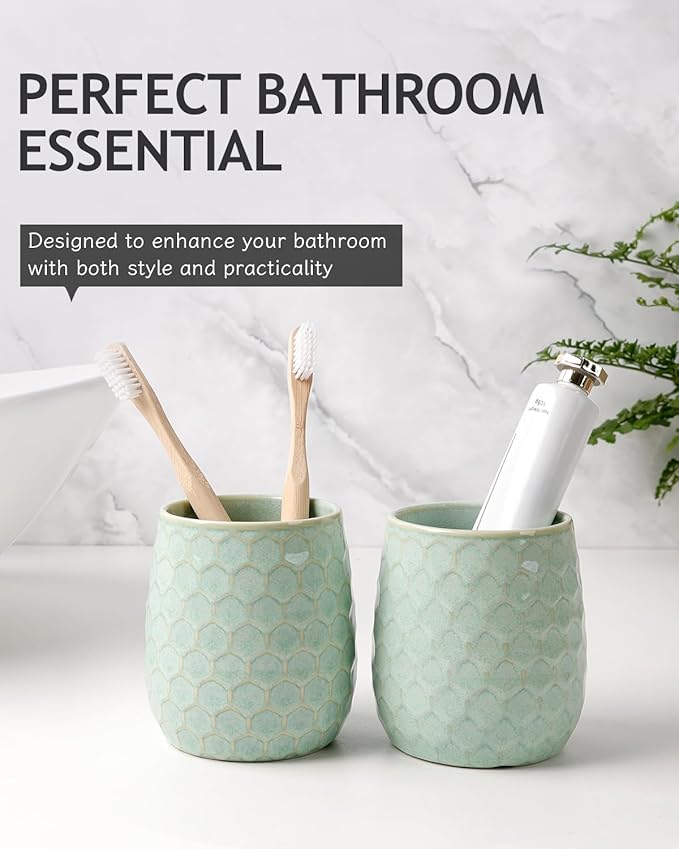 Toothbrush Holder, Tooth Brush Holder for Bathroom - Ceramic Toothbrush Cup Toothbrush Holders Countertop, Green Makeup Brush Holder Pen Holder, 3.62" x 3.62" x 3.93", ANTIS'S HOME