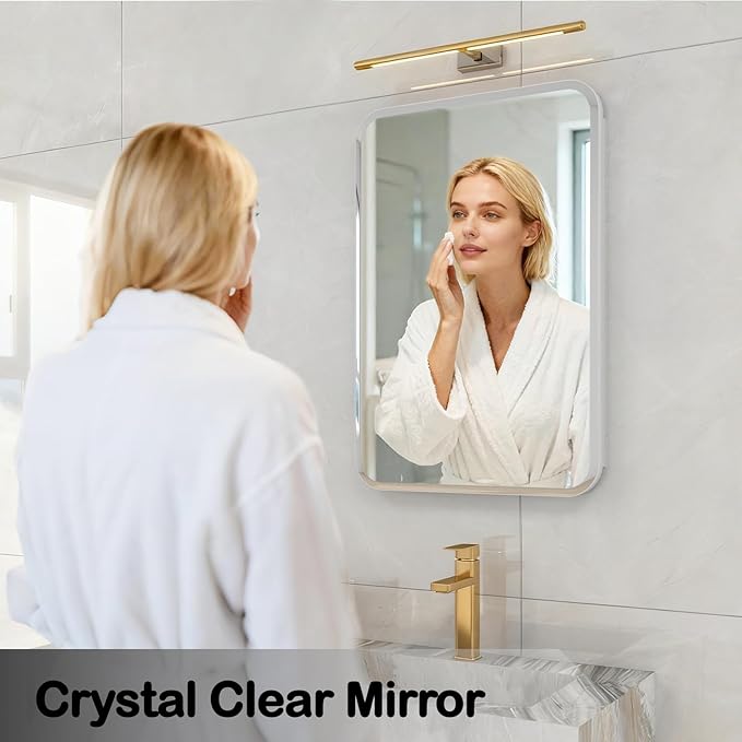 Rectangle Medicine Cabinet with Beveled Edge Mirror, No-Assembly Bathroom Wall Cabinet with Mirror, Adjustable Shelves, Tissue Slot, Recessed or Surface Mount (24" H x 16" W)
