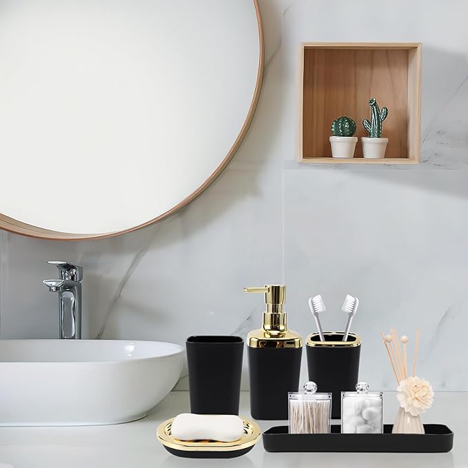 Bathroom Set - 22PC Black Bathroom Accessories Sets Complete with Black Ombre Shower Curtain,Trash Can,Toothbrush Holder,Toothbrush Cup,Soap Dispenser,Soap Dish,Toilet Brush,Tray,Qtip Holders