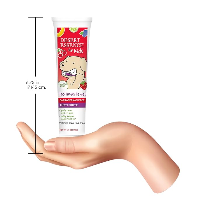Desert Essence Fluoride-Free Toothpaste Gel for Kids - Tutti Frutti Flavor - Safe for Toddlers and Babies - Gluten-Free, SLS-Free, Non-Fluoride - Safe to Swallow with Xylitol and Aloe, 4.7oz