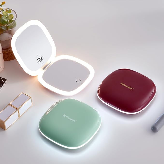 Mocado Compact LED Travel Makeup Mirror - 4 Inches 1X/10X Magnification Travel Mirror with Light Dimmable Double Sides Lighted USB Rechargeable Compact Mirror for Purse,Pocket,Travel(Pink)