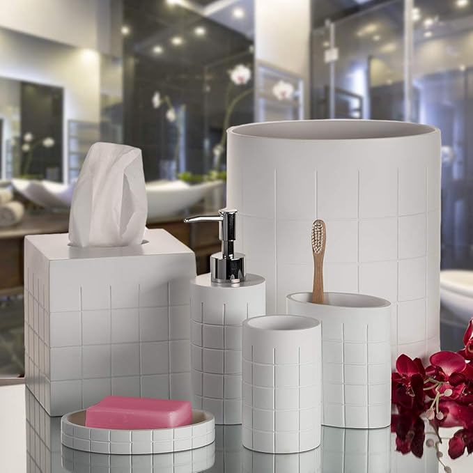 Creative Scents Polar White Bathroom Accessories Set with Trash Can - 6 Piece Bathroom Set Features: Waste Basket, Tissue Cover, Soap Dispenser, Toothbrush Holder, Tumbler and Soap Dish