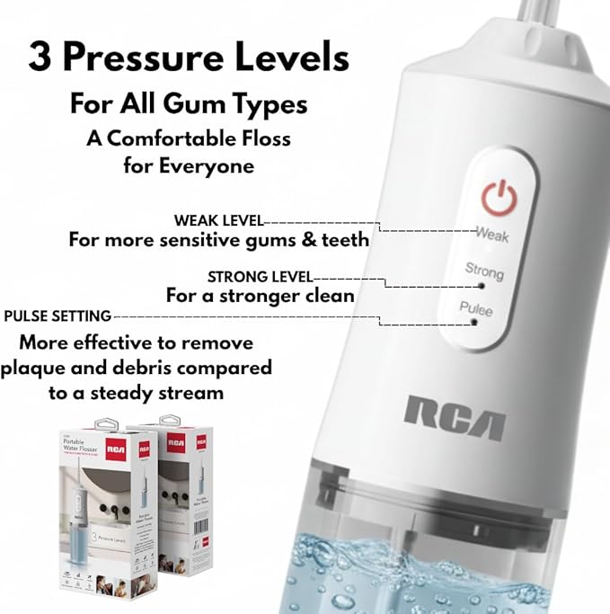 RCA Portable Water Flosser for Teeth & Gums β Cordless Rechargeable Oral Irrigator with 3 Pressure Levels, 4 Jet Tips & USB Tank β Travel Water Flosser for Teeth Cleaning (Light Blue)
