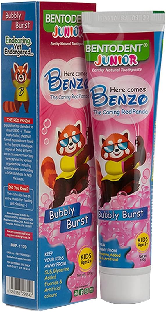 Bentodent Kids Fluoride Free Toothpaste - Natural Calcium Bentonite Clay, SLS Free, Fresh Breath, Gentle Whitening, Vegan, Travel, 3.52oz (Bubble Gum)