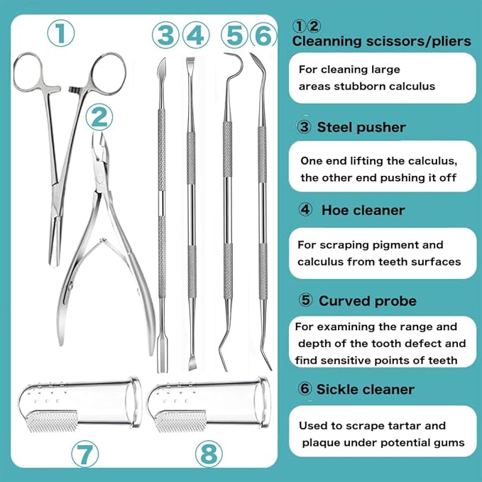8 Pcs Dog Tartar Remover Pet Teeth Cleaning Tool, Cat Plaque Off Calculus Remover, Dog Tooth Scaler and Scraper, Stainless Steel Dental Forceps for Dogs and Cats Oral Care