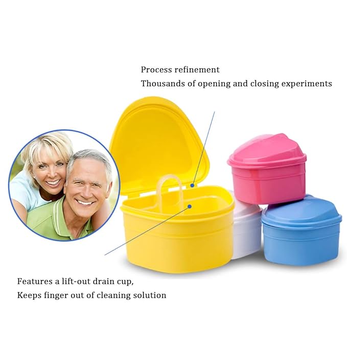 Denture Bath Box Cup, Complete Clean Care for Dentures, Clear Braces, Mouth Guard, Night Guard & Retainers,Traveling (Pink & Purple)