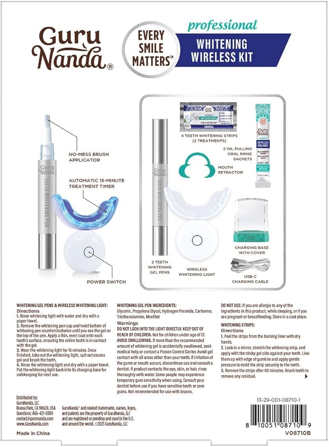 GuruNanda Professional Teeth Whitening Wireless Kit with LED Light & Whitening Pen, Helps Remove Surface Stains from Coffee, Food, Soda, 40 Treatments