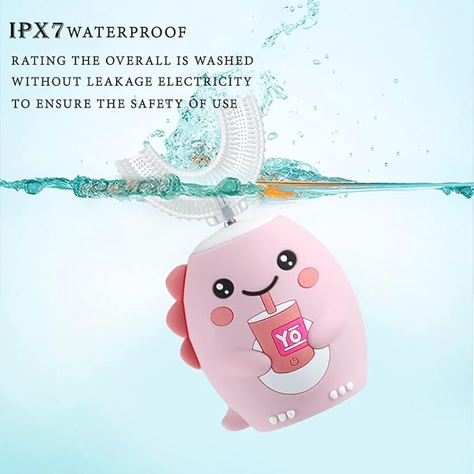 Kids U Shaped Electric Toothbrush,auto Sonic Baby Toothbrush,Cartoon Dinosaur 360-Degree Cleaning IPX7 Waterproof Design(8-15y, Pink)
