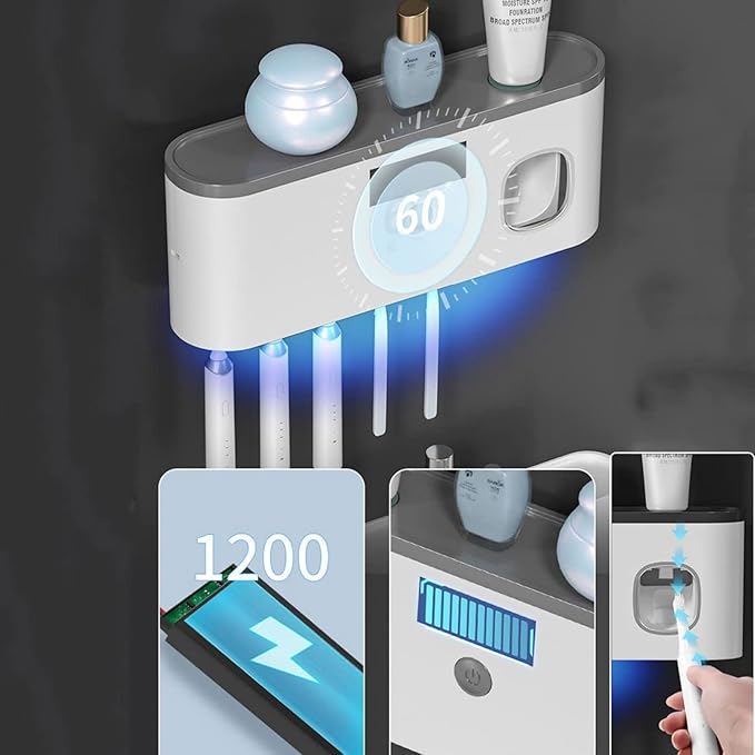 Toothbrush Holders for Bathrooms, Toothbrush Holder Wall Mounted with Toothpaste Dispenser Bathroom Solar Charging and No Drilling Required Tooth Brush Holder with 5 Brush Slots(Gray)