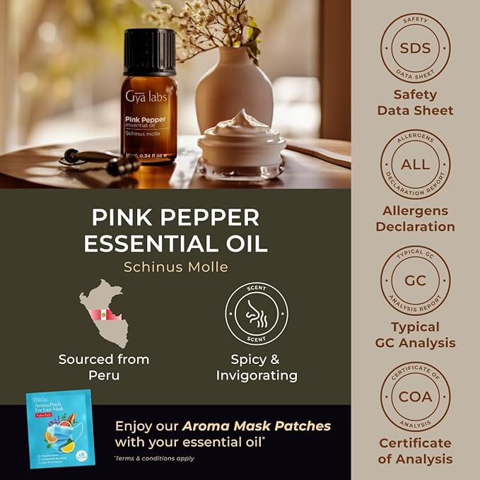 Gya Labs Pink Pepper Essential Oil - 0.34 Fl Oz - for Hair, Skin, Diffuser, Aromatherapy & DIY Candle Making Scent