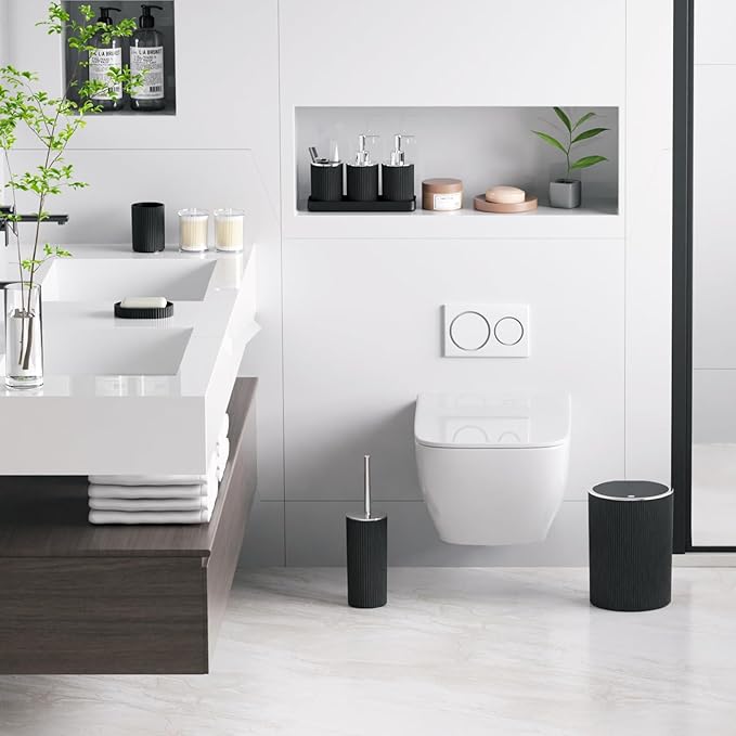 Black Bathroom Accessories Set, 10PC Bathroom Set, Bath Accessory with Pop Up Trash Can, Soap Dispenser, Toilet Brush, Toothbrush Set Qtip Holders & Tray