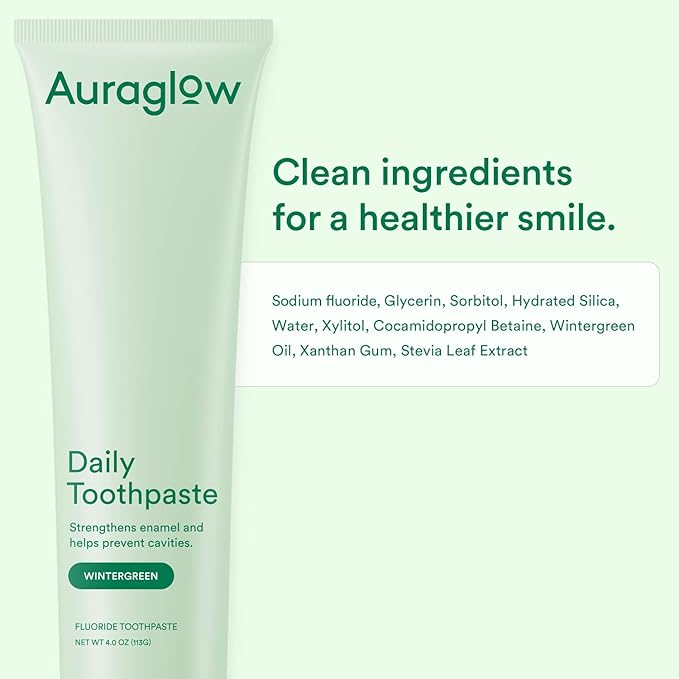 Auraglow Daily Toothpaste, Anticavity Fluoride Toothpaste, Helps Prevent Cavities, Helps Strengthen Enamel, Freshens Breath, for Adults, Kids Oral Care, Wintergreen Flavor, 4 oz (1 Pack)