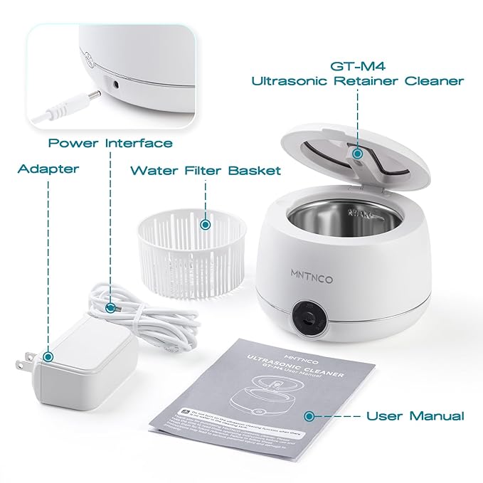 Ultrasonic Retainer Cleaner, White Ultrasonic Retainer Cleaning Machine, Cleaner for Denture,Nightguard,Mouth Guard, Touch Retainer Cleaner.
