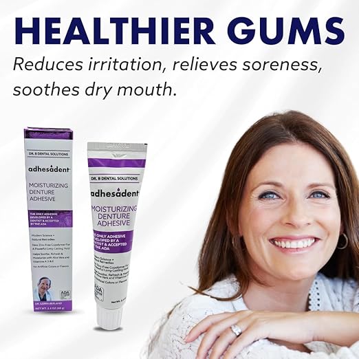 Dr. B Dental Solutions Adhesadent Moisturizing Denture Adhesive - Secure Denture Glue with Strong Grip & Natural Taste - Zinc-Free Dental Adhesive for Dentures, Overdentures - 2.4 oz