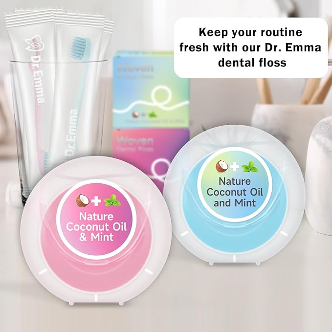 Dr. Emma Woven Dental Floss Coconut Oil Infused Expanding Dental Floss, Oral Care Stretchable Floss, Mint 33yd Pink, Pack of 2
