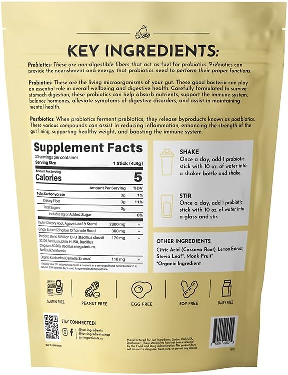 Lemon Ginger 3‑in‑1 Probiotic Complex – 30‑Stick Drink Mix with Prebiotics, Probiotics & Postbiotics – 5 Billion CFU Spore Strains + Lemon & Ginger Extracts – Gut, Immune & Digestive Support