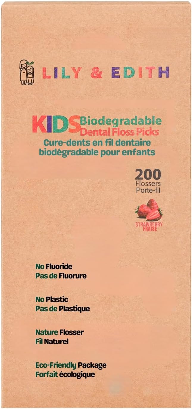 LILY & EDITH Kids Plant Based Dental Floss Picks 200 Counts, Fluoride Free, Corn Starch Material, Chemical Free, Fun Animal Flossing Sticks, Ultra Sturdy Thread, Zero Waste Package (Strawberry)