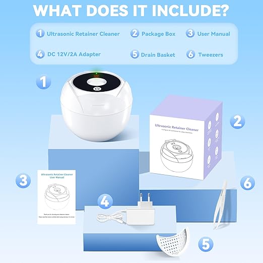 Ultrasonic Retainer Cleaner Machine 45khz Cleaning Pod for Denture Cleaner 200ml Mouth Guard, Aligner, Night Guard, Toothbrush, Jewelry, 4 Cleaning Modes Digital Timer, Gifts for Women, White