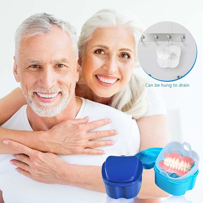 2 Pack Denture Bath Case Cup Box Holder Storage Container with Denture Cleaner Brush Strainer Basket for Travel Cleaning (Light Blue and Blue)