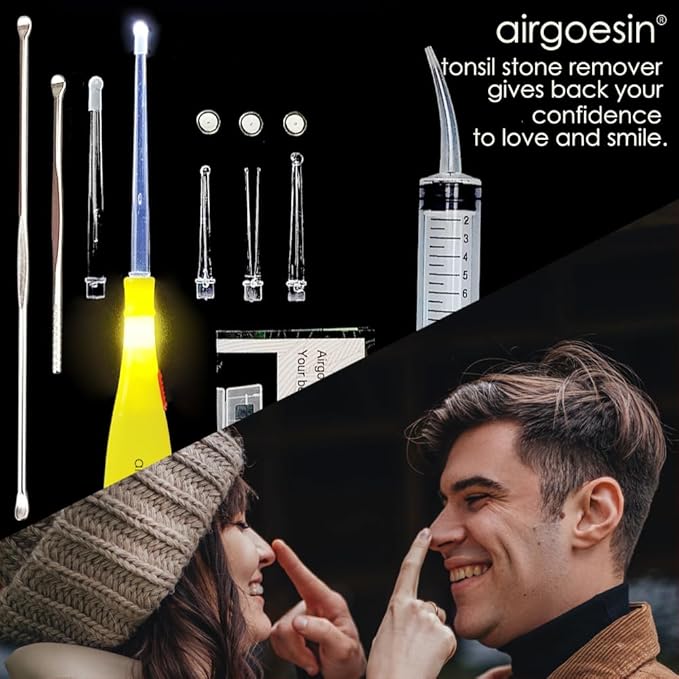 Airgoesin™ Upgraded Tonsil Stone Remover Tool, Yellow, 5 Tips, Tonsillolith Pick Case + 1 Irrigator Fresh Breath Oral Rinse