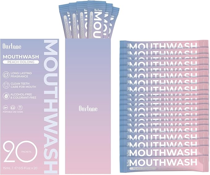 Protable Mouthwash Packets for Travel, Peach Oolong-Tea Flavor, Alcohol-Free, Non-Burning, 15ml/pcs 30 Single Use, TSA Approved for On-The-Go Fresh Breath, Perfect for Work, Gym& Date