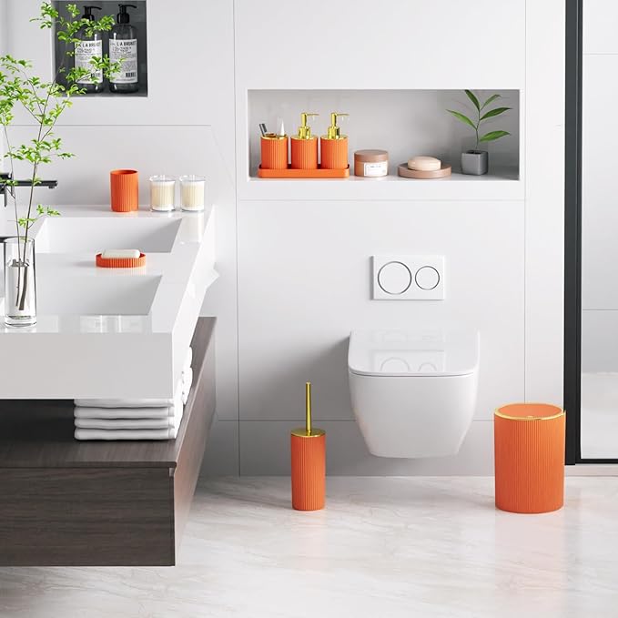 Orange Bathroom Accessories Set, 10PC Bathroom Set, Bath Accessory with Pop Up Trash Can, Soap Dispenser, Toilet Brush, Toothbrush Set Qtip Holders & Tray