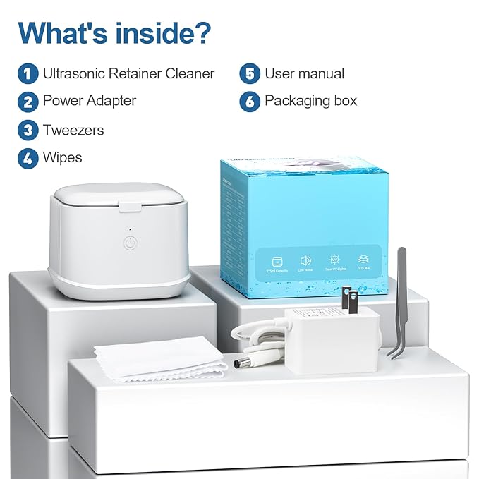 Ultrasonic Retainer Cleaner,50kHz Ultrasonic Denture Cleaner Machine for Aligner, Night guard, Braces, Jewelry and More 300ML Pod(White)
