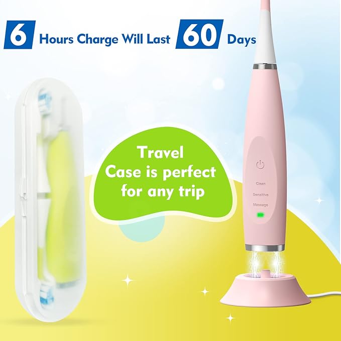 Kids Electric Toothbrushes Sonic Rechargeable Tooth Brush Gifts for Boys and Girls Smart Timer Power Toothbrush - 3 4 5 6 7 8 9 10 11 12 (Pink)