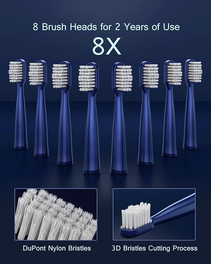 IPX7 Waterproof Sonicare Electric Toothbrush, 2-Hour Fast Charge with Intelligent Time Reminder, 5 Modes, 8 Brush Heads, Travel, Indoor, Outdoor, Blue