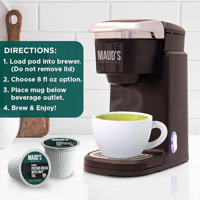 Maud's Organic Passion Green Tea Pods, 100 ct, Recyclable Single Serve Tea Pods – 100% Gourmet Blended Tea Leaves, Compatible with Keurig K Cups Maker