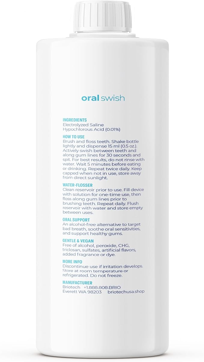 BRIOTECH Oral Swish, Hypochlorous Acid Mouthwash Rinse, Gentle Oral Care Hygiene, Fight Bad Breath, Support Against Plaque, Gum Irritation & Tender Gums, Alcohol & Fluoride Free, 32 fl oz