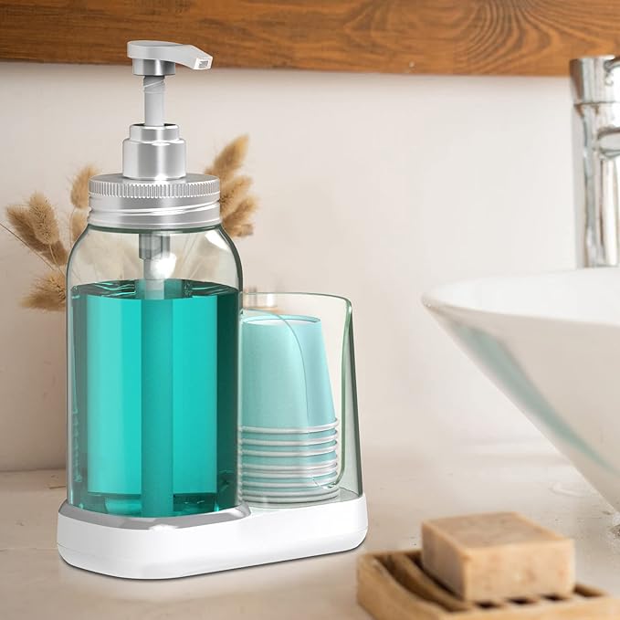Luvan Mouthwash Dispenser for Bathroom, 25oz Mouthwash Pump Bottle with Cup Holder, Refillable Clear Blue Mouth Wash Container for All Age Groups, Large Capacity Bathroom Mouthwash Holder Set