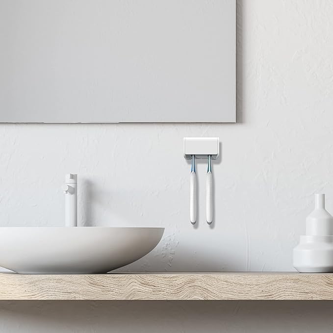 2 Pcs Toothbrush Holder Wall Mounted with Cover for Bathroom, 2 Slots Toothbrush Storage Organizer for Shower, Self Adhesive Toothbrush Hanger Rack for Dorm, Cabinet