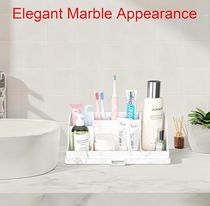 Large Size Silicone Tooth Brush Holder for Bathroom with Drainage, White Marble Toothbrush Holders, Easy Clean Bathroom Countertop Organizer Detachable Makeup Organizer for Vanity
