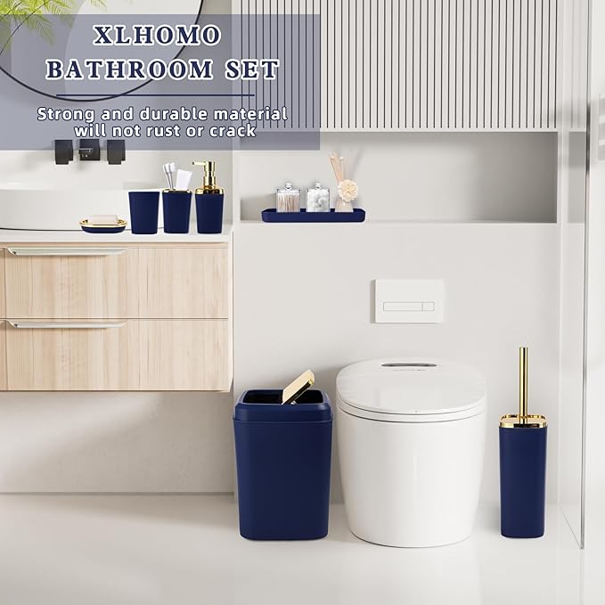 Bathroom Set - Blue and Gold Bathroom Accessories, Bathroom Sets with Shower Curtain and Rugs, Navy Blue Shower Curtain Set with Bathroom Trash Can, Soap Dispenser, Soap Dish for Home Decor