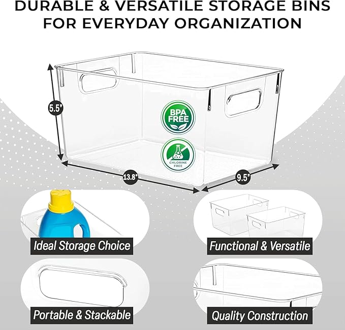 Amyup Set Of 2 Plastic Storage bins, 13.6x9.5x5.7''Versatile Kitchen Pantry Organization and Storage,for Plastic Storage Container Under Bed,Under Sink Bathroom Organizer (Clear, 2 Pack Large