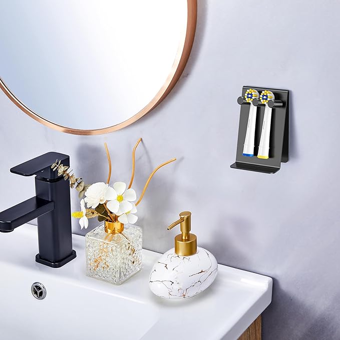 Electric Toothbrush Head Holder, Self Adhesive or Desktop Tooth Brushing Holder, Wall Mounted Toothbrush Holders Shower Bathroom, Tooth Brush Holder Organiser (Black, Small)