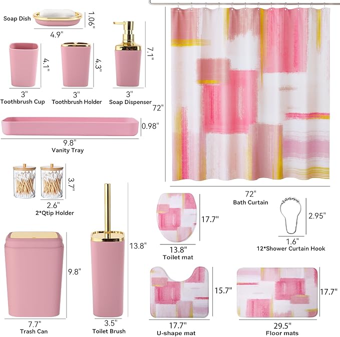Bathroom Accessories Set - 25PC Bathroom Set with Shower Curtain and Rugs, Pink Bathroom Set, Bathroom Accessory Set with Press-on Lid Trash Can, Soap Dispenser and Qtip Holders