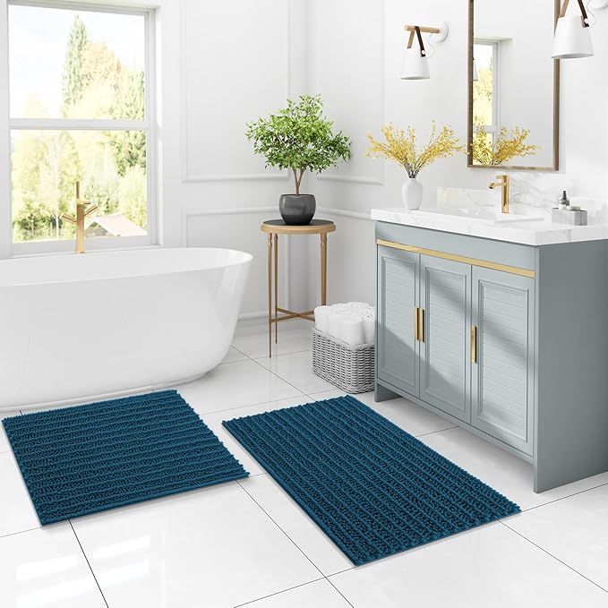 Arotive Luxury Chenille Bathroom Rug Mat, Extra Soft Thick Absorbent Shaggy Bath Rugs, Non-Slip Machine Wash Dry, Plush Bath Mats for Bathroom, Shower and Tub, 70x24, Peacock Blue