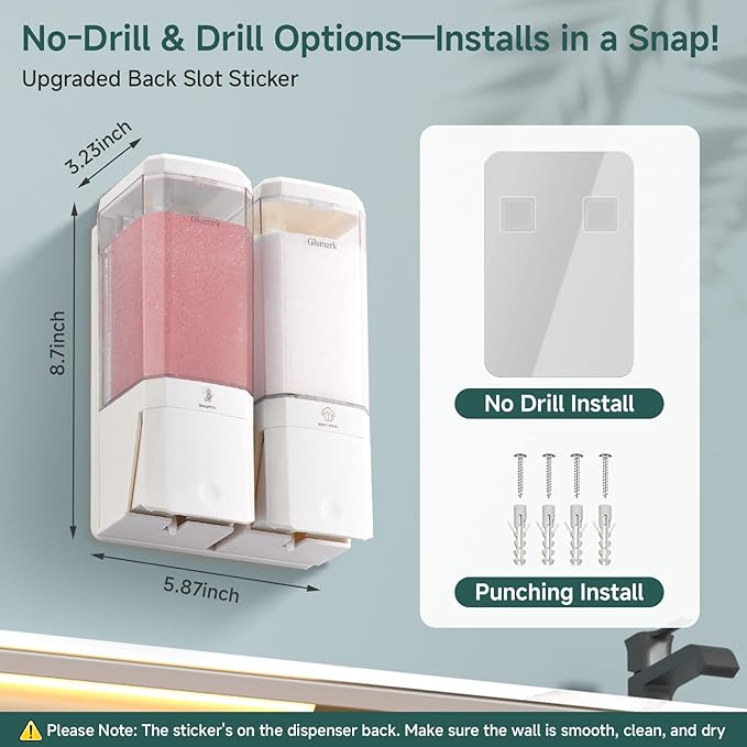 Shampoo and Conditioner Dispenser 2 Chamber No Drill Shampoo Dispenser for Shower Wall Mounted Shower Soap Dispenser 2 * 500ml Refillable Shower Dispenser for Bathroom Hotel,White