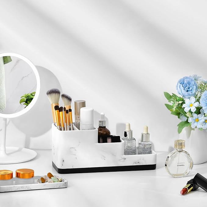 VITVITI Toothbrush Holder for Bathroom, Bathroom Organizer Countertop, 5 Compartment Bathroom Accessories Storage for Toothpaste/Vanity Counter, White Resin of Marble Color