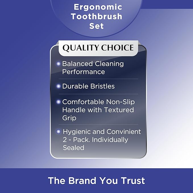 Quality Choice Medium Bristle Toothbrushes 2 Pack. Ergonomic Comfort Grip Handles, Compact Head Design for Hard to Reach Areas, Gentle Yet Effective Oral Care and Plaque Removal for Adults and Teens