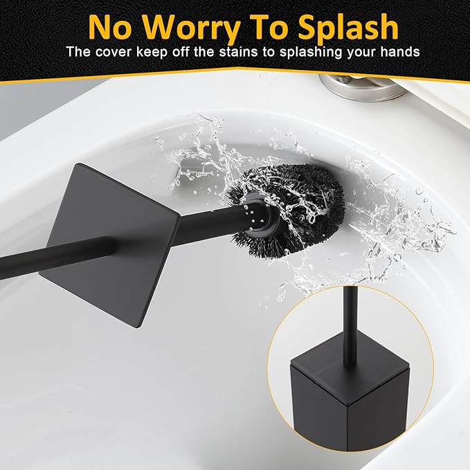 Toilet Brush and Holder Floor Standing, Black with 2 Replaceable Heads, Bathroom Toilet Brush, Freestanding Toilet Bowl Brush with Removable Liner and Splash Guard, Modern Square Design