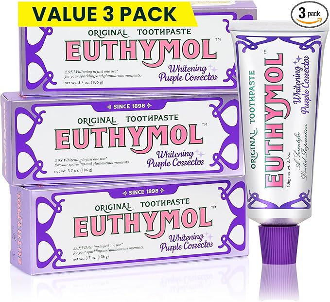 Euthymol Purple Whitening Toothpaste – for Yellow & Sensitive Teeth | Violet Tone-Up Formula, Instantly Brightens, 24H Stain Defense, Long-Lasting Fresh Breath (3.7 Fl oz*3, Pack of 3)