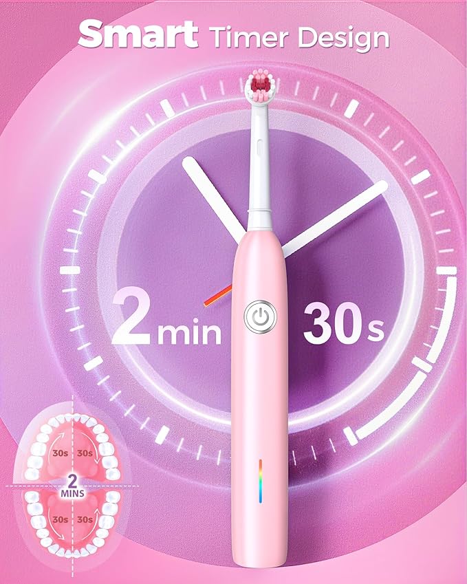 Rotating Electric Toothbrush with 8 Brush Heads for Adults and Kids, 3 Modes Rechargeable Power Toothbrush with 2-Minute Smart Timer, 45-Day Battery, Pink