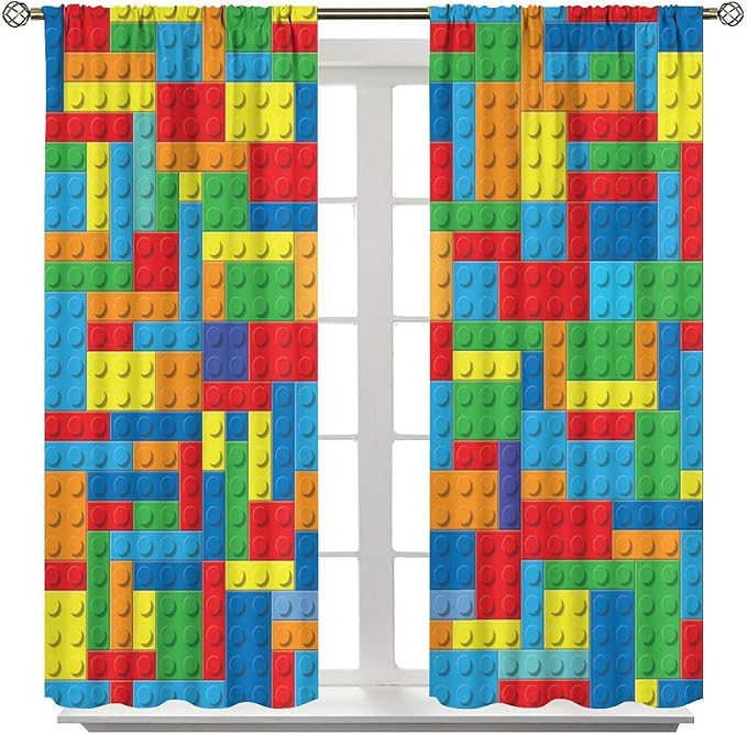 Colorful Building Block Toy Printed Curtains, Building Blocks, Curtains, Fun Brick 3D Design, Kids, Teens, Girls, Boys, Living Room, Bedroom, Window Treatment Panels, 2 Panels 52x84in