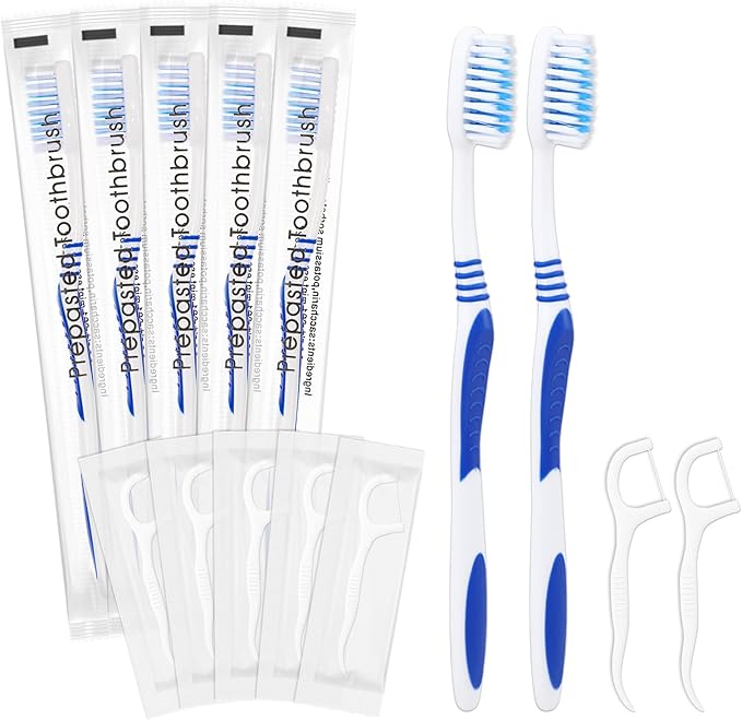 50 Prepasted Disposable Toothbrushes with Dental Floss Individually Wrapped Pre Pasted Toothbrushes Soft Bristle Travel Tooth Brush Single Use Wrapped for Hotel, Camping, Travel, Homeless