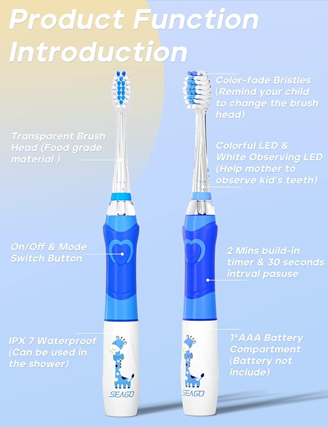 SEAGO Kids Electric Toothbrush with 2 Mins Brushing Timer and 8 Replacement Bursh Heads,Rainbow LED Light Make Brushing Fun, Blue Color Boys Battery Powerd Toothbrush for 4-12 Years Old